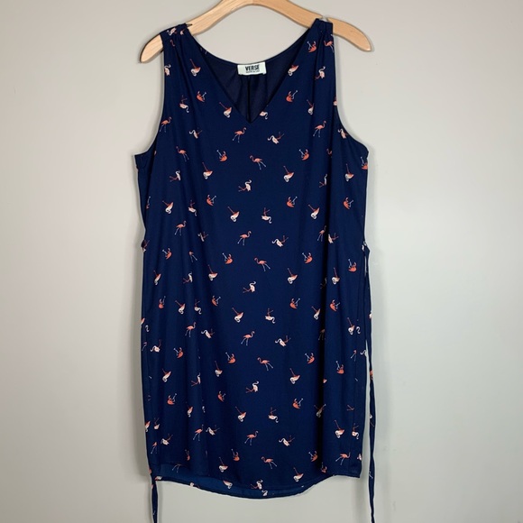 Verse Flamingo‎ Pattern Navy Dress Belted Women’s Size M / L - Picture 8 of 16